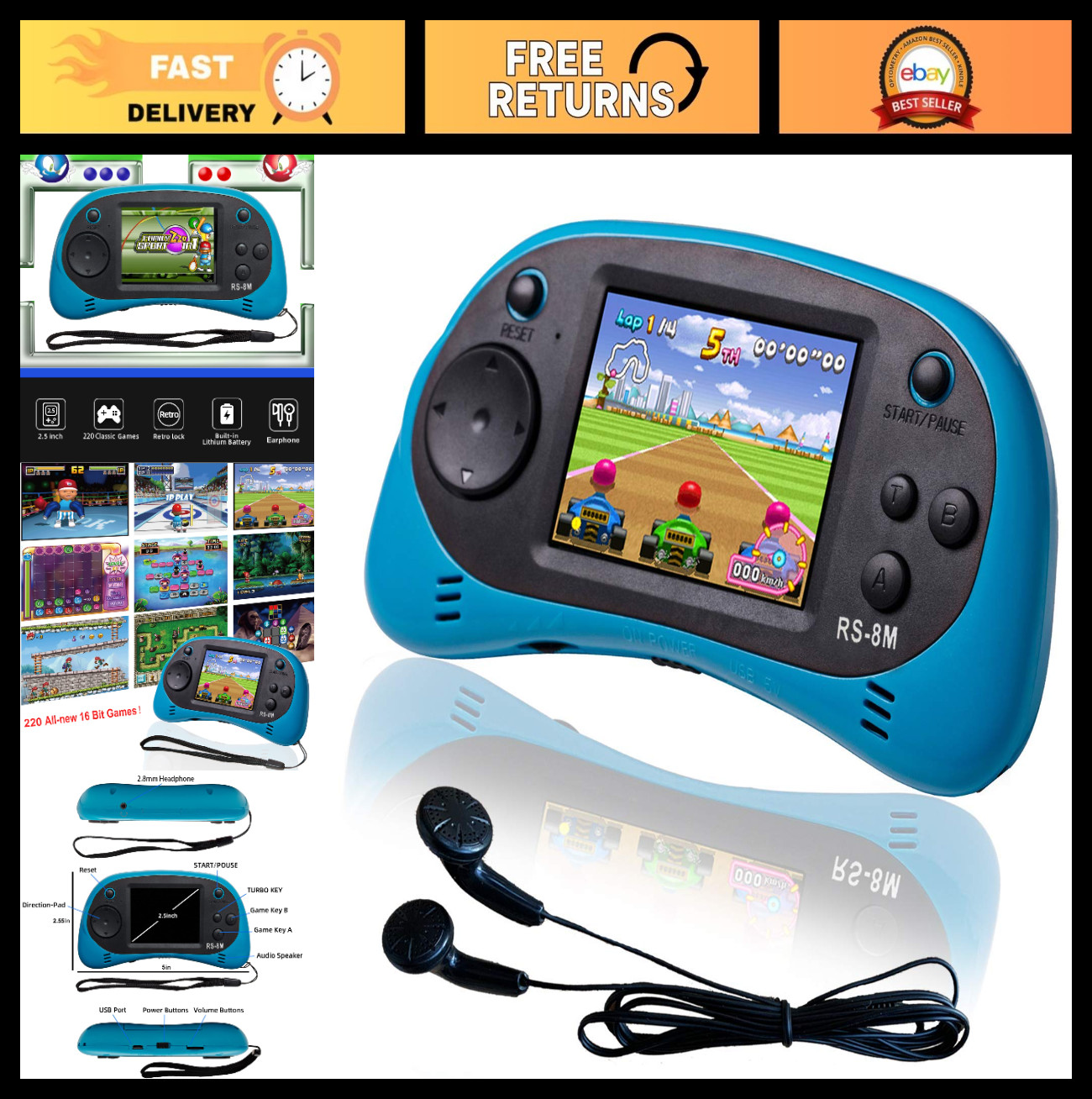 16 Bit Handheld Game Console – 220 HD Games, 2.5″ Portable Player, Kids Travel T