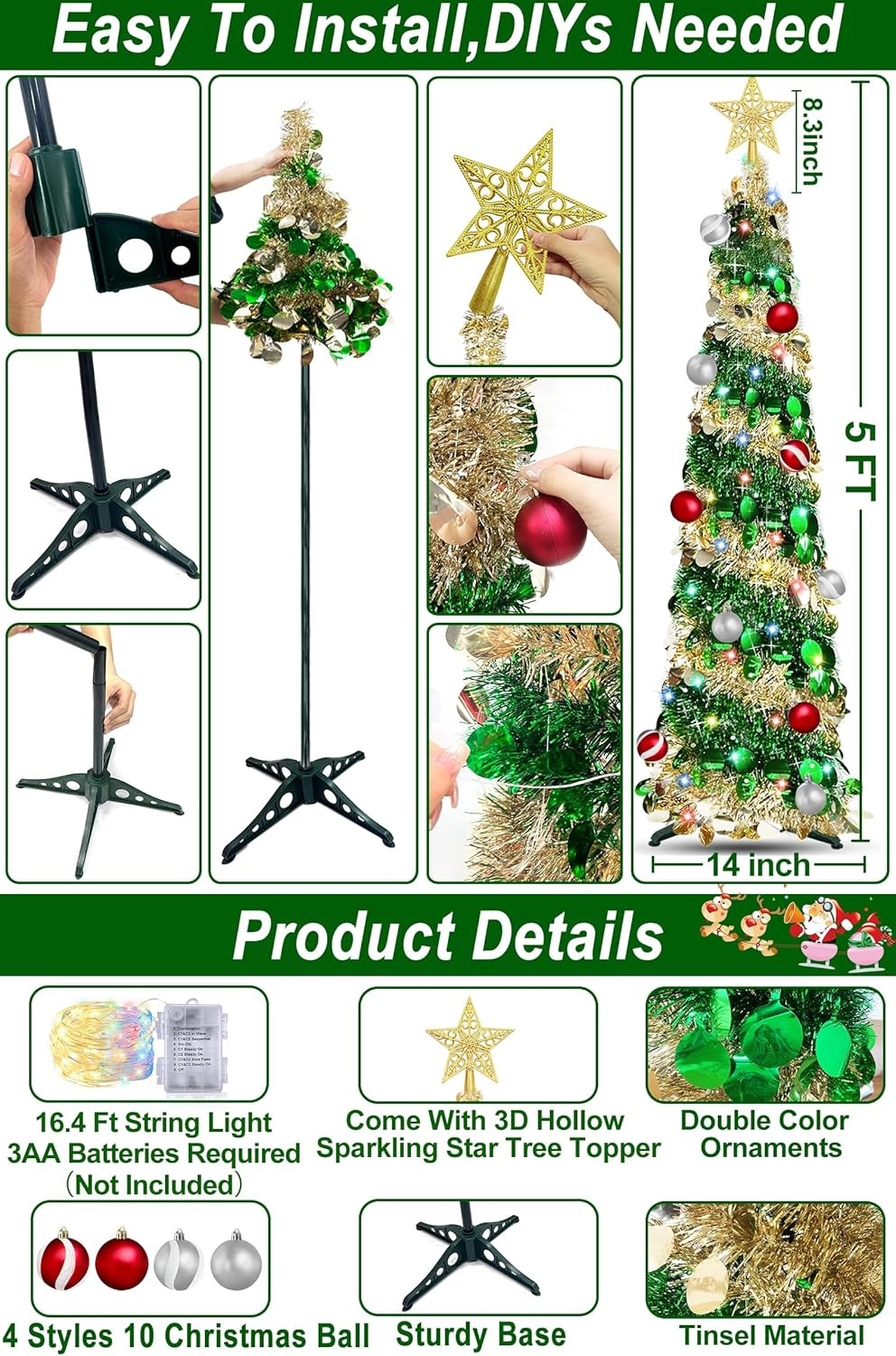 Dual Color Switch&Timer 5 Ft Gold Pop up Christmas Tree with 50 Warm White&Color