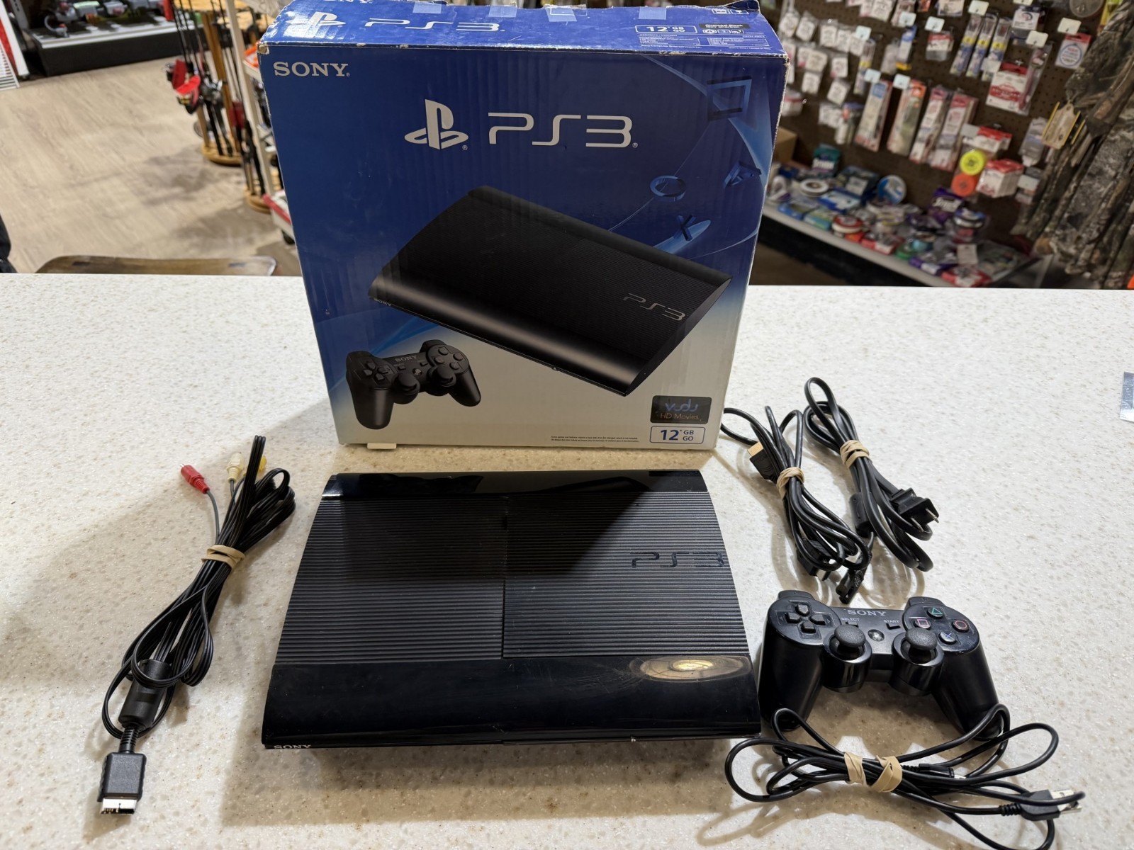 SONY PLAYSTATION 3 SYSTEM PS3 CONROLLER HOOKUPS PLAY STATION 12 GB SUPER SLIM