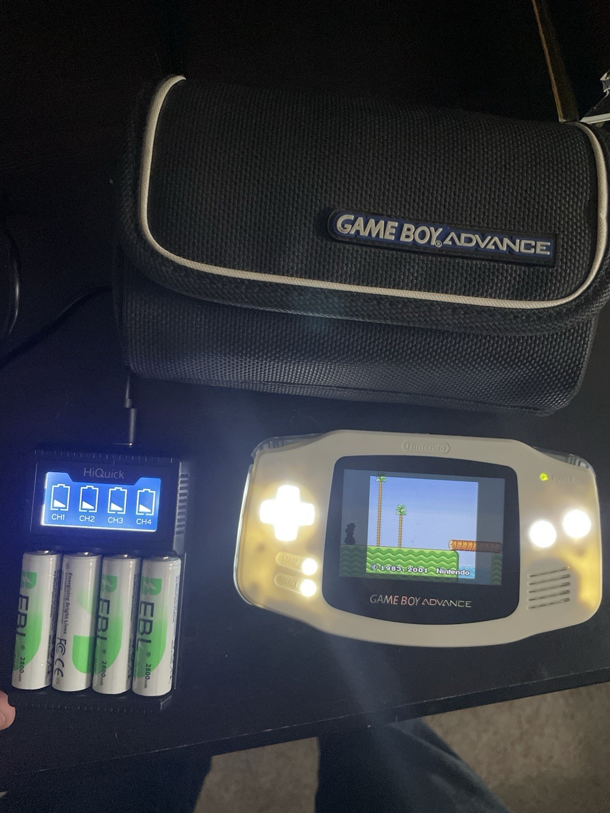 Gameboy Advance White IPS, Rechargeable Batteries, Carry Case, & Mario Advance