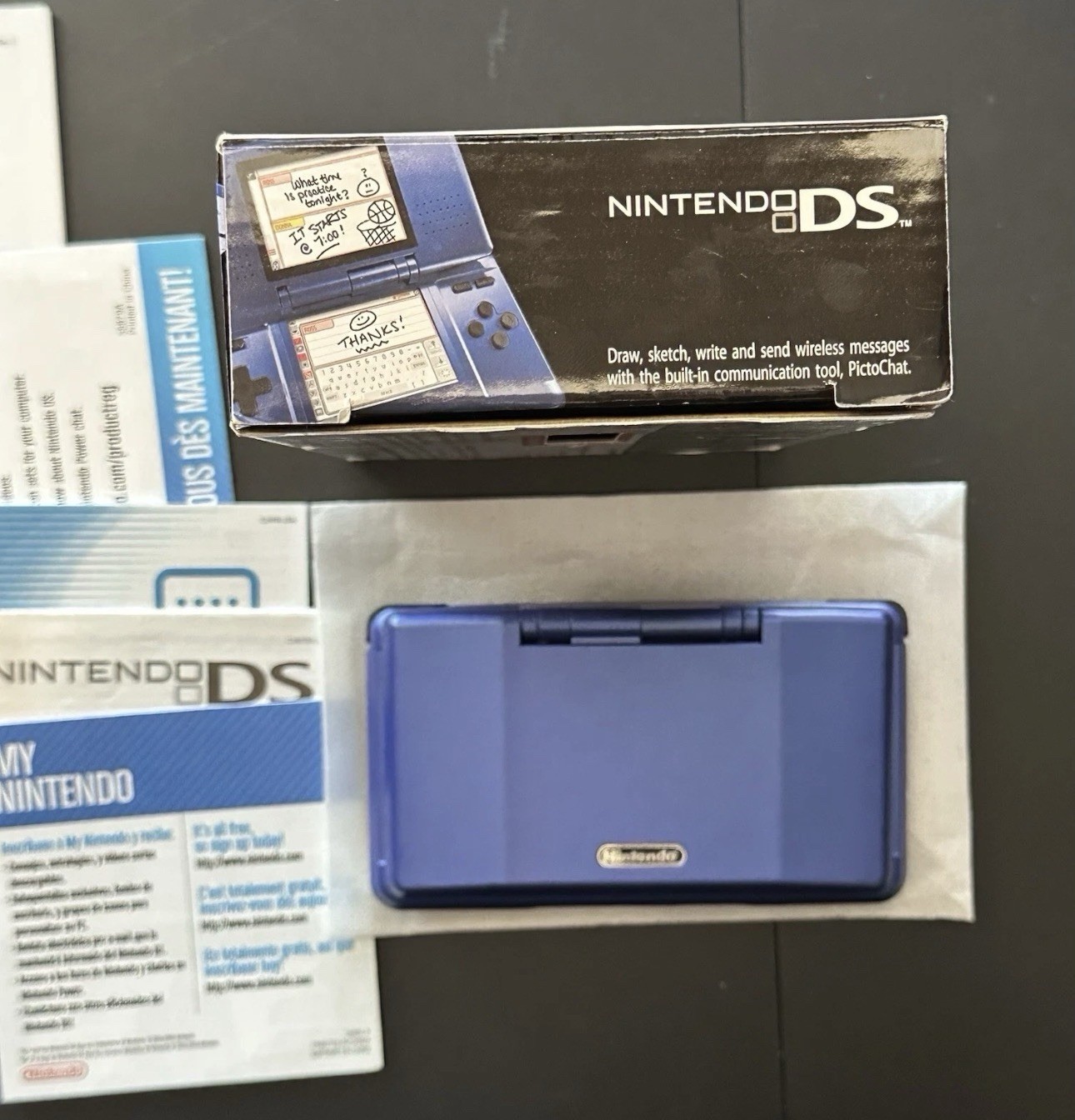 Electric Blue Nintendo DS Handheld Console System Inserts Box Manual Stylus