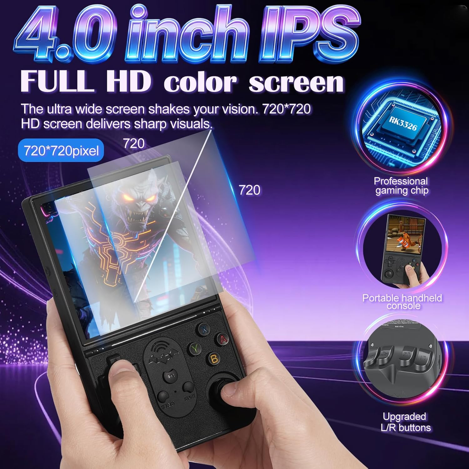 S600 Retro Handheld Game Console – 4″ IPS, 128GB, 18,000+ Games, Black