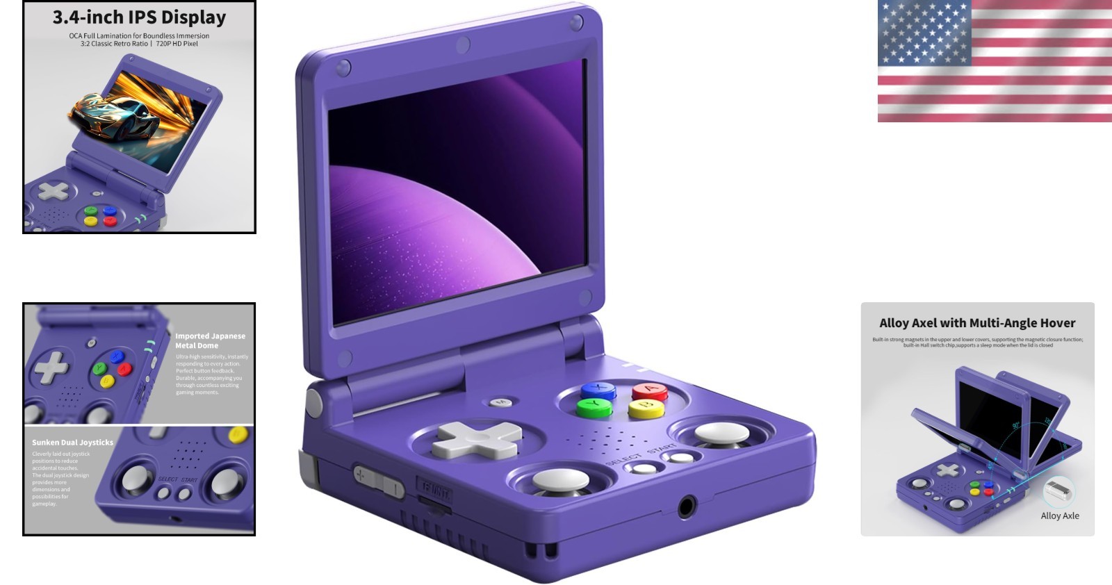 3.4-Inch IPS Portable Console with Extensive Game Library – Retro Indigo Flip