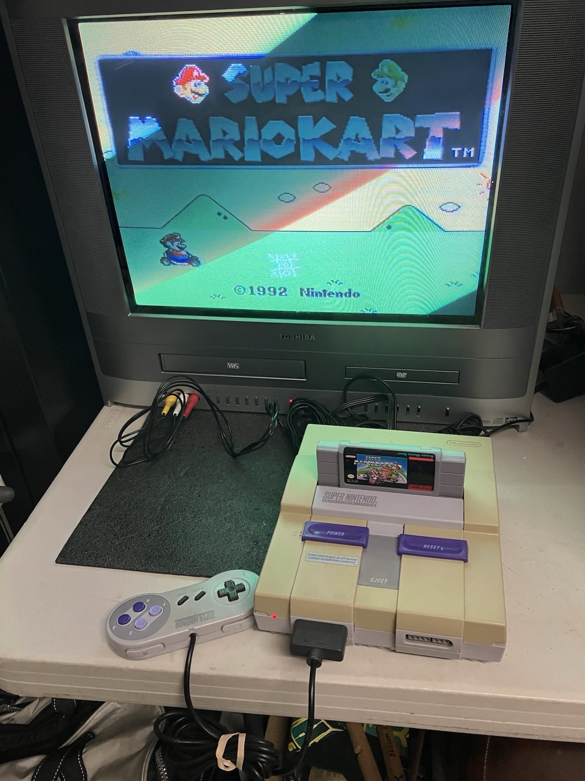 Super Nintendo SNES System Console Bundle W/ 10 Games Mario World Mario Kart