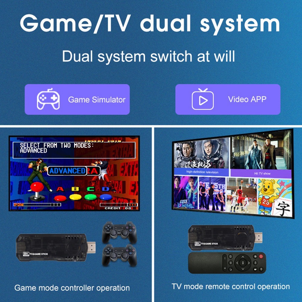 8K 64G HDMI TV Game Stick Retro Console + 2 Wireless Controllers Built-in Games