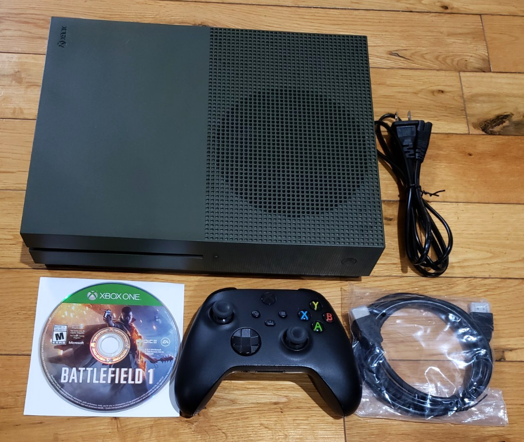 Xbox One S Battlefield 1 Military Green 1TB Console, Controller Cords, TESTED!