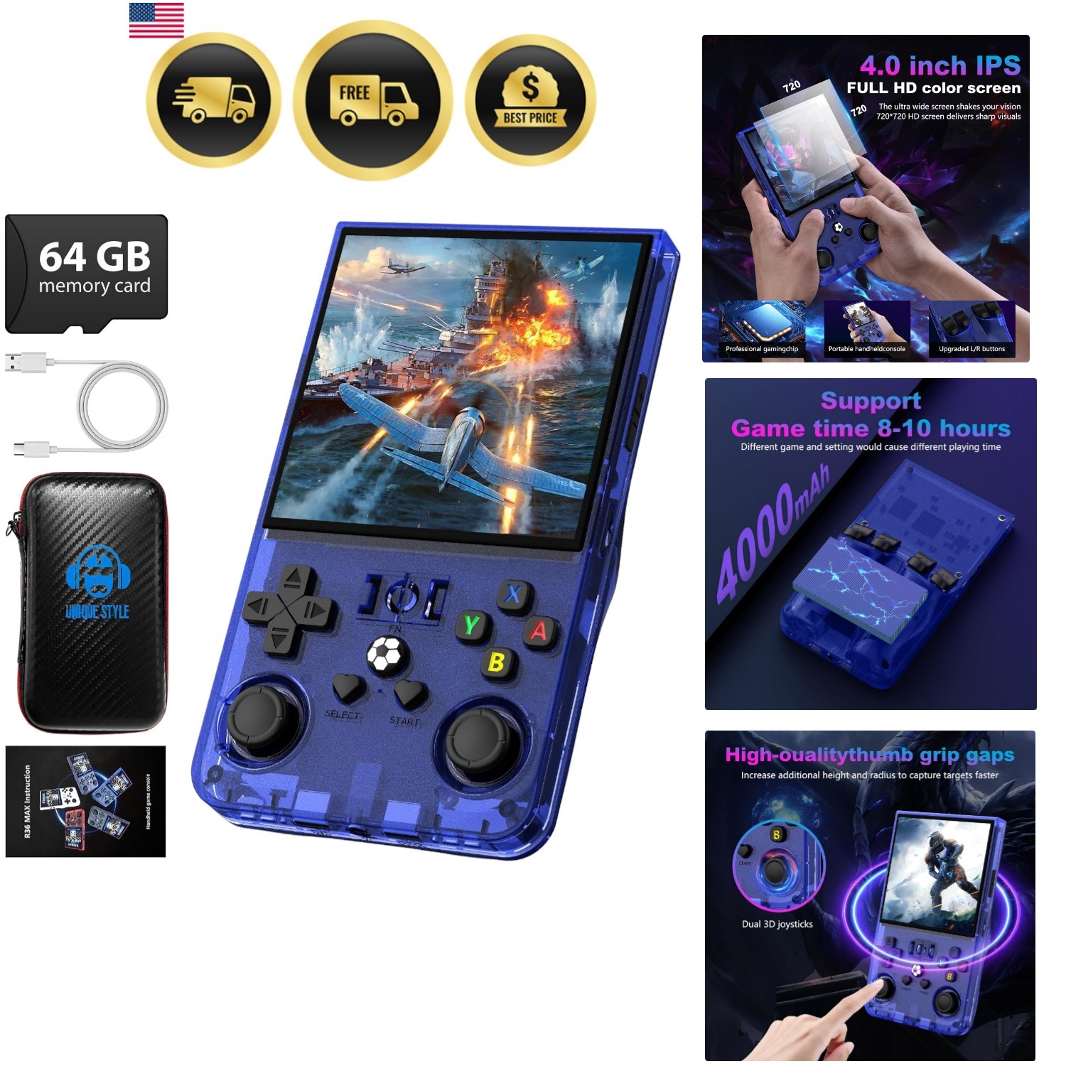 R36MAX Retro Handheld Game Console, 4.0 Inch 720×720 IPS Screen, 64GB Built-i…
