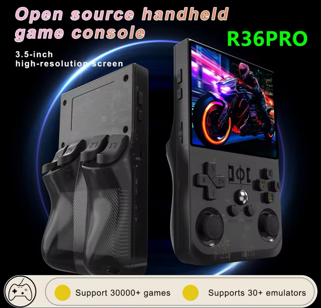 R36Pro MAX Retro Handheld Video Game Console IPS Screen BLACK w/ Carrying Case