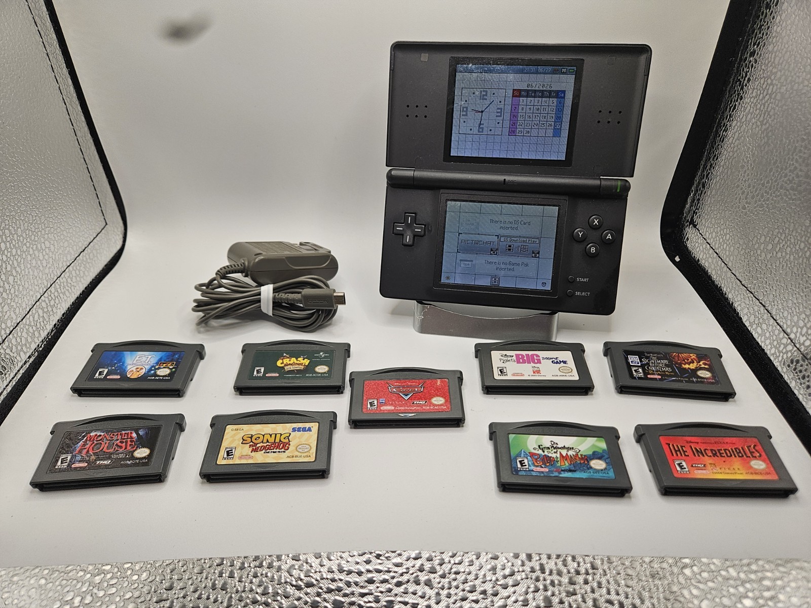 Nintendo DS Lite Black Console W/ Charger & 9 GBA Games *Tested Pls Read