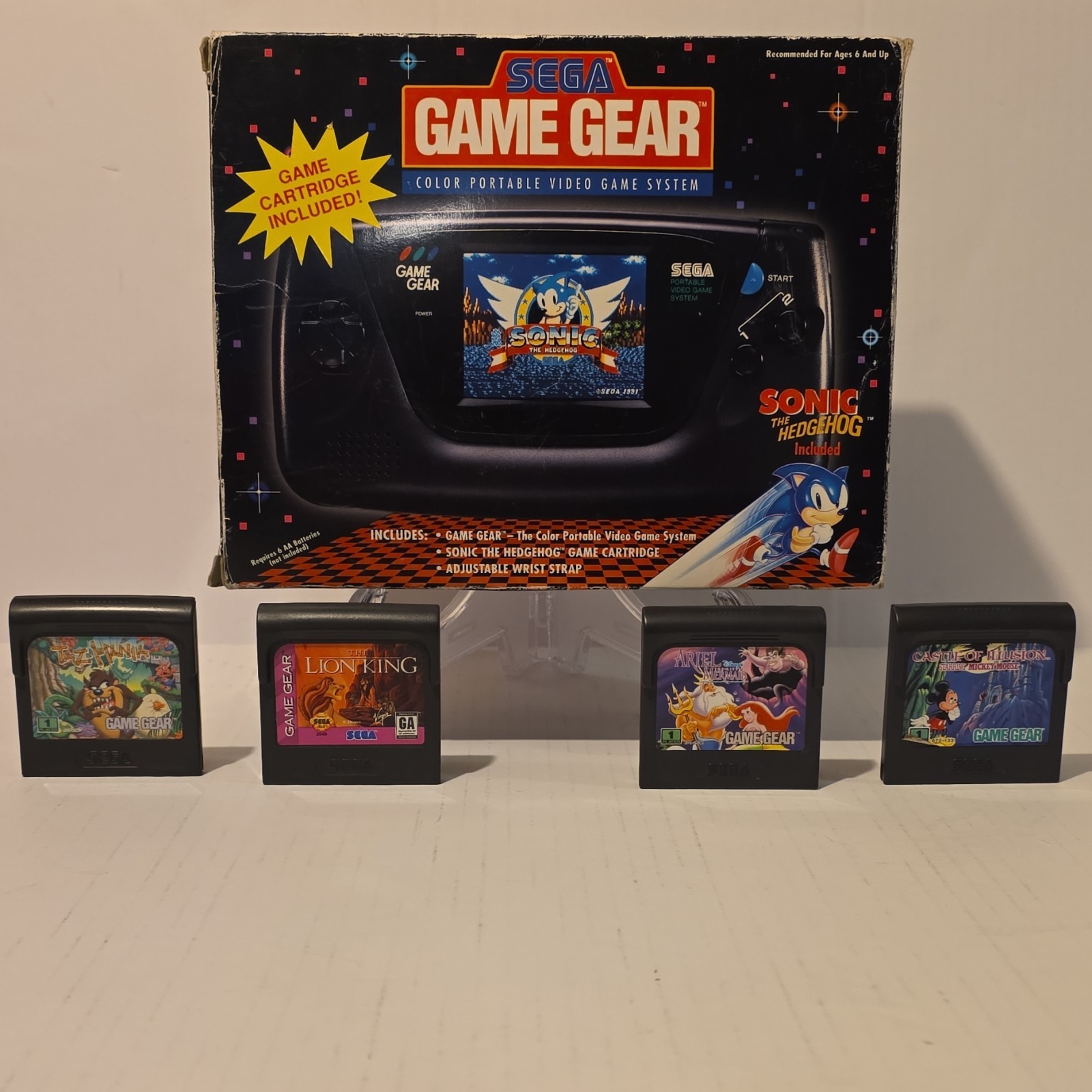 SEGA Game Gear Black Handheld Color Screen NTSC-U/C w/ Box, Manuals, AC, 4 Games