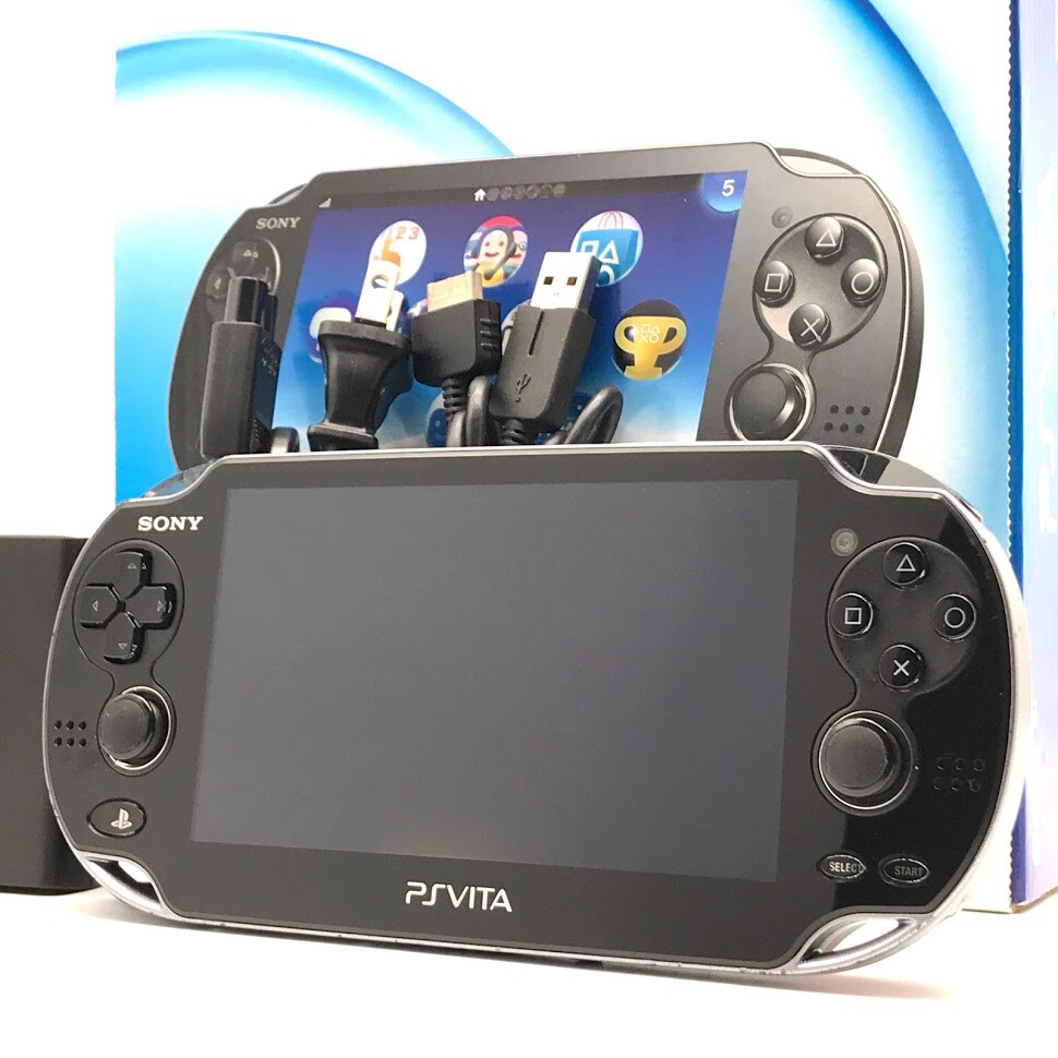 SONY PS Vita PCH-1100 Crystal Black Wi-Fi OLED w/ Charger, Box “Mint”