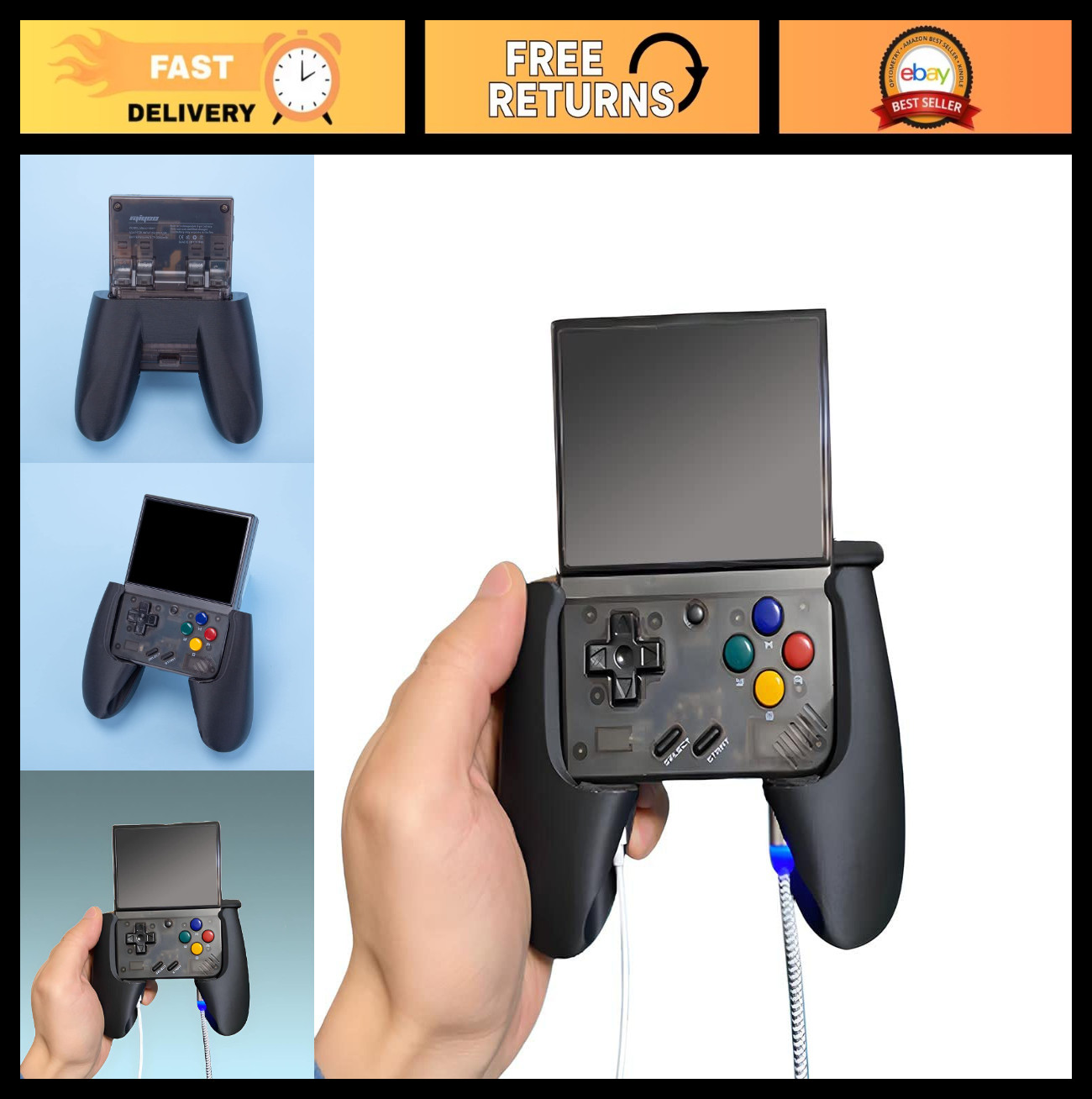 Compact Handheld Game Console – Miyoo Mini Plus Grip, Black – Retro Gaming Devic