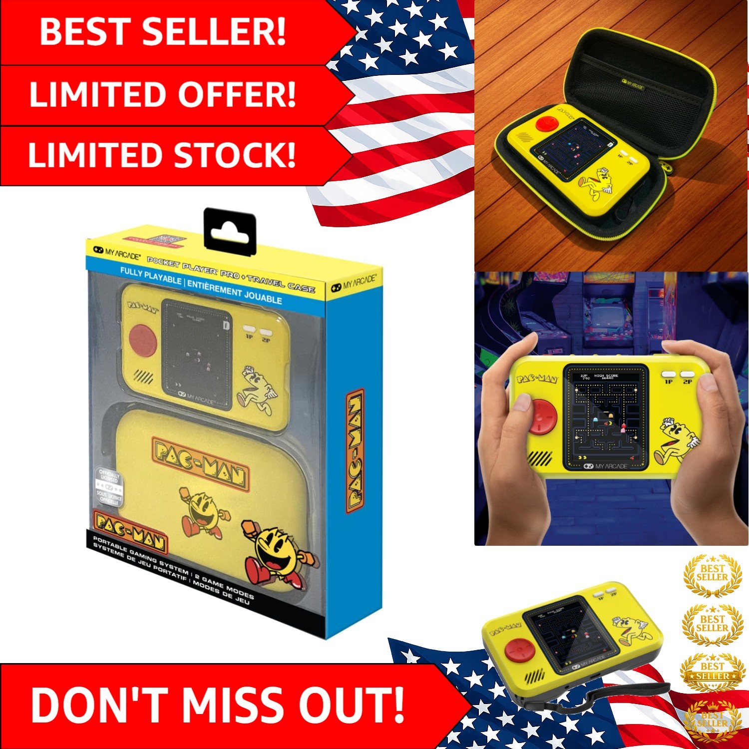 Official Pac-Man Pocket Player: Classic Mode, Travel Case, and Screen Protector