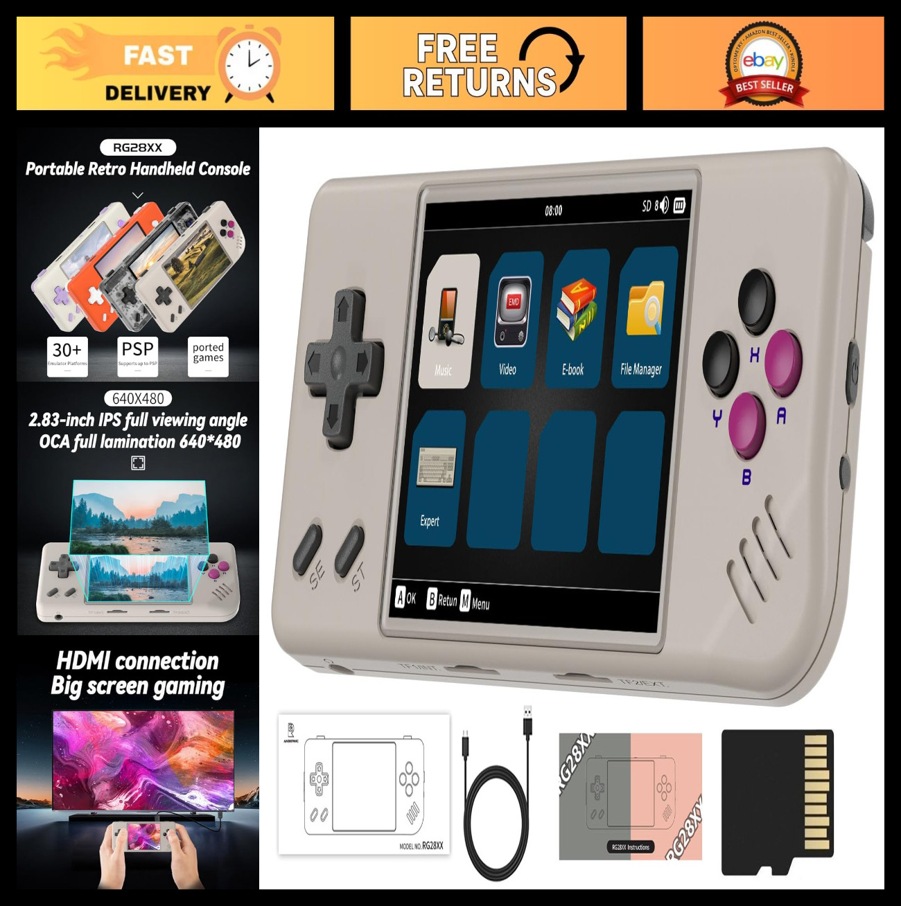 Retro Handheld Game Console, 2.83″ IPS Screen, 5516 Games, 32GB TF Card, TV Outp