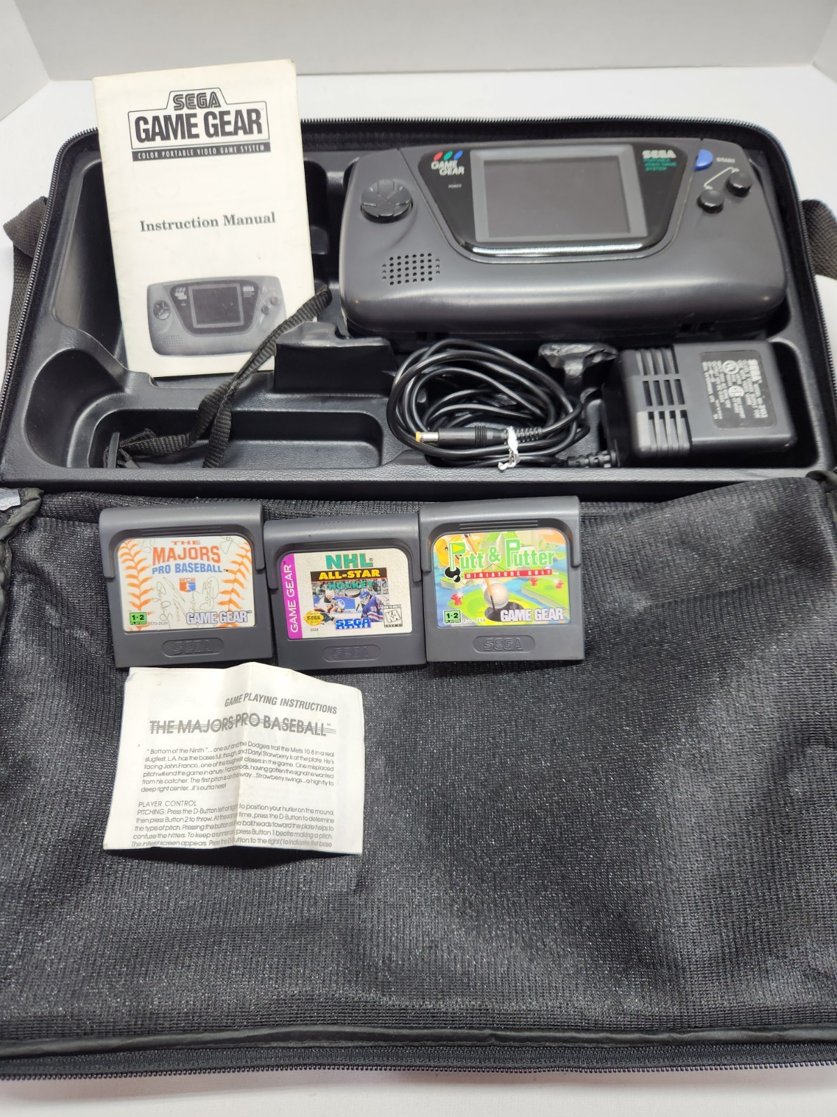 SEGA Game Gear Handheld System – Black (For Parts/Repair) Carry Case 3 Games