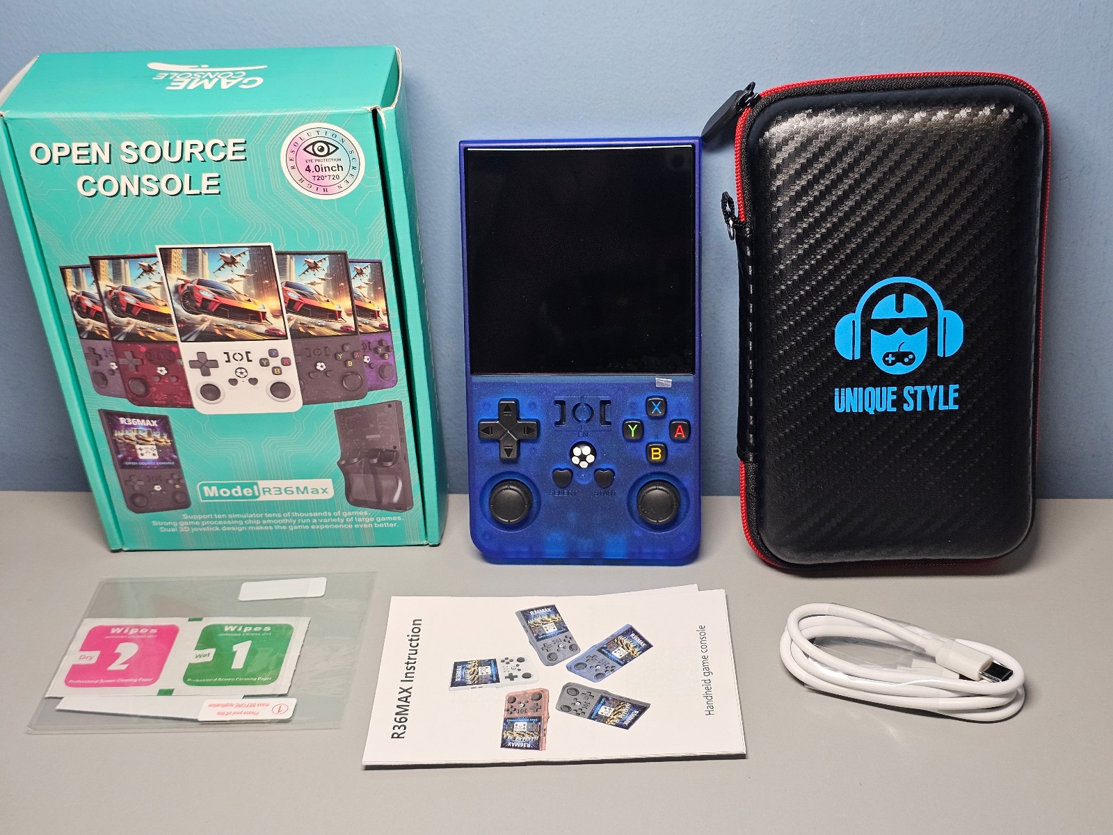 Open Source Hand Held Game Console R36Max – Transparent Blue – 4″ Screen – New!