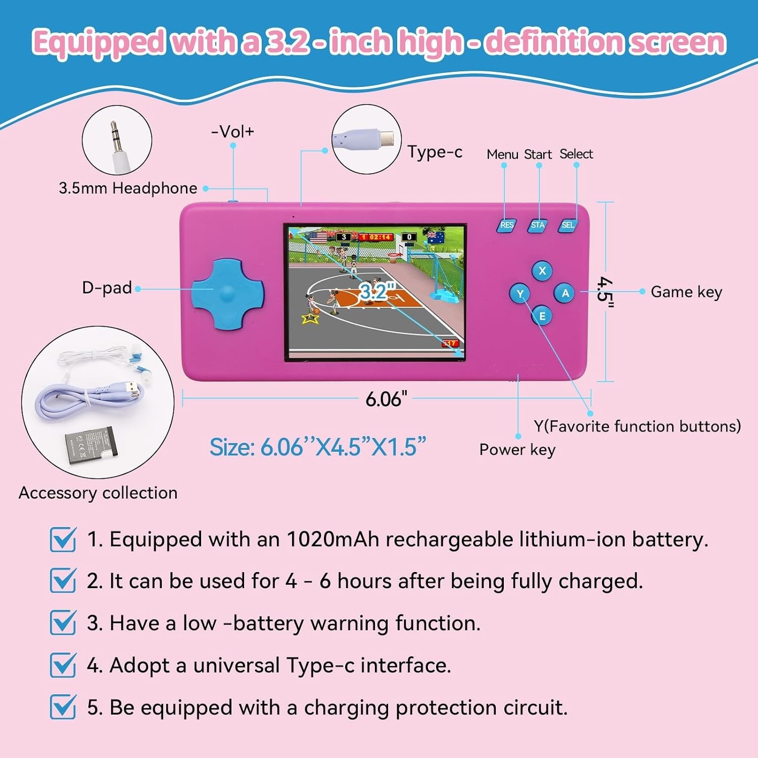 3.2-Inch Handheld Game Console with 300 Retro Games – Perfect Kid Gift in Blu…