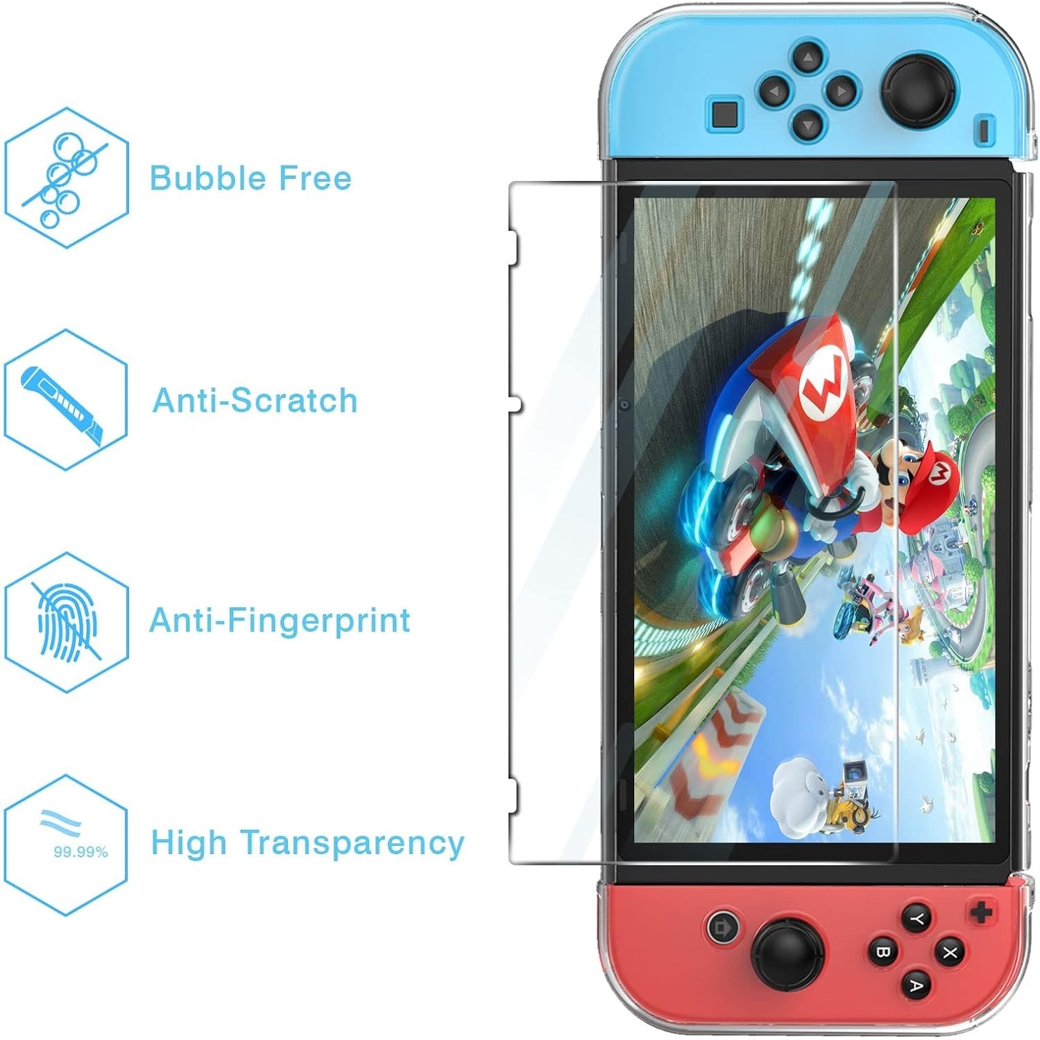 Protective Case for Nintendo Switch with Tempered Glass and 6 Thumb Caps Clear