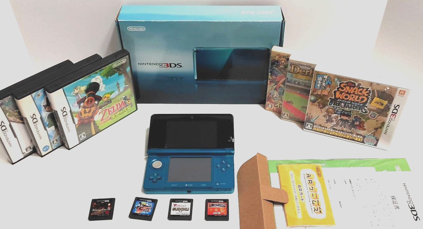 TESTED Nintendo 3DS Aqua Blue System + AC Adapter, Stylus, Games Lot JAPAN