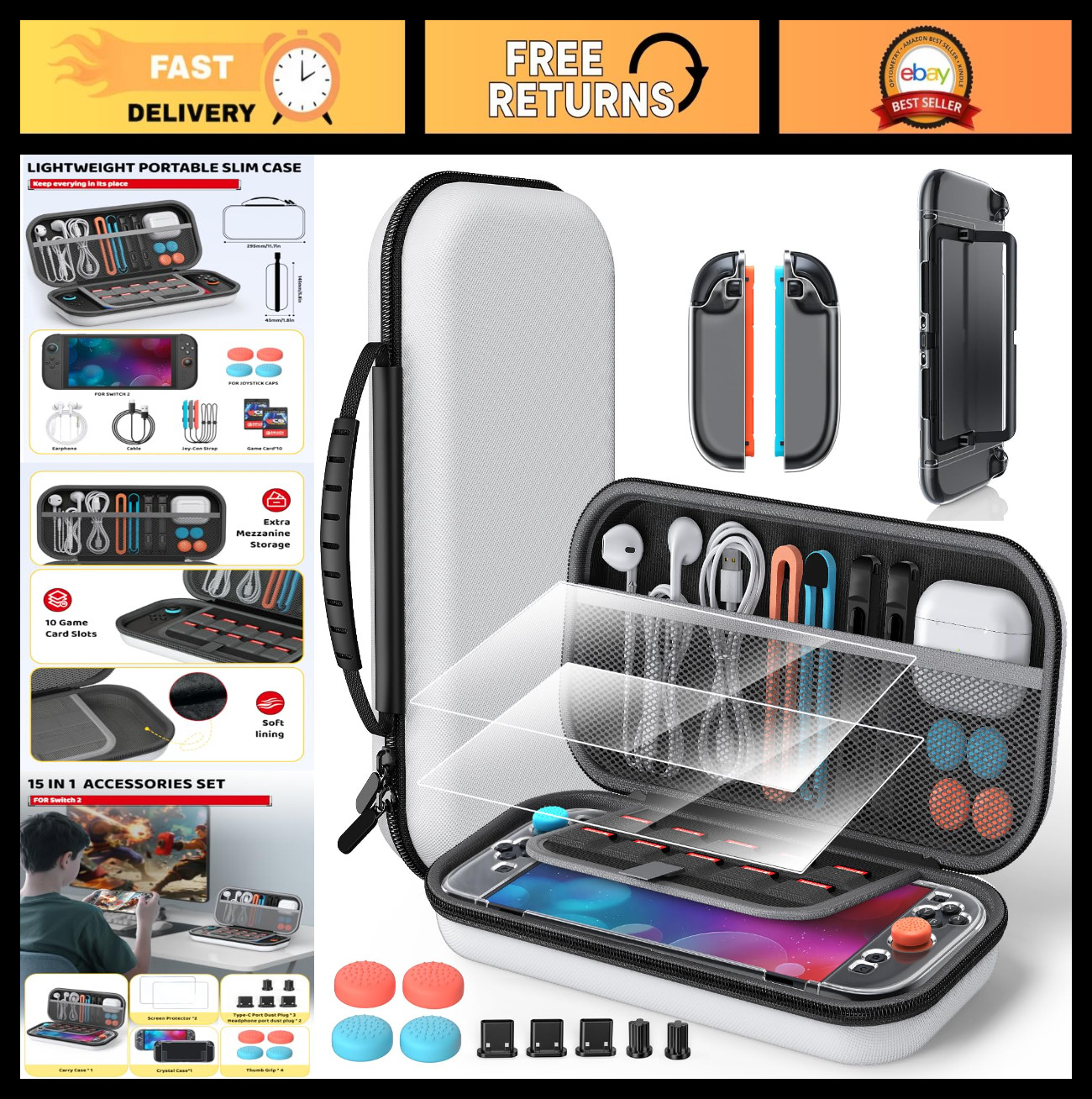 Nintendo Switch 2 Accessories Bundle – Hard Shell Case, Screen Protectors, Grips