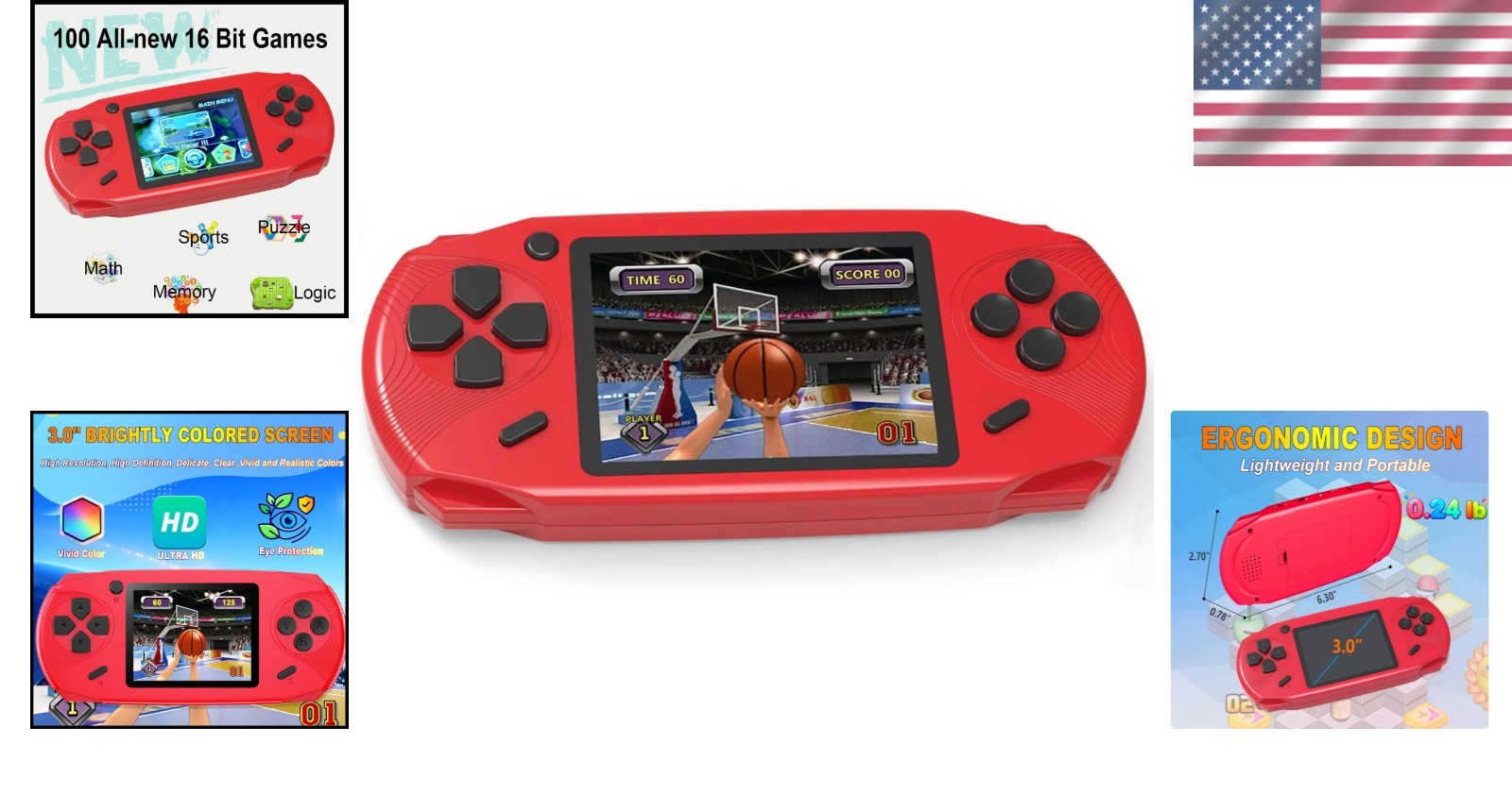 Portable 3.0” 16 Bit Gaming Console with 100 Classic Games – Ideal for All Ages