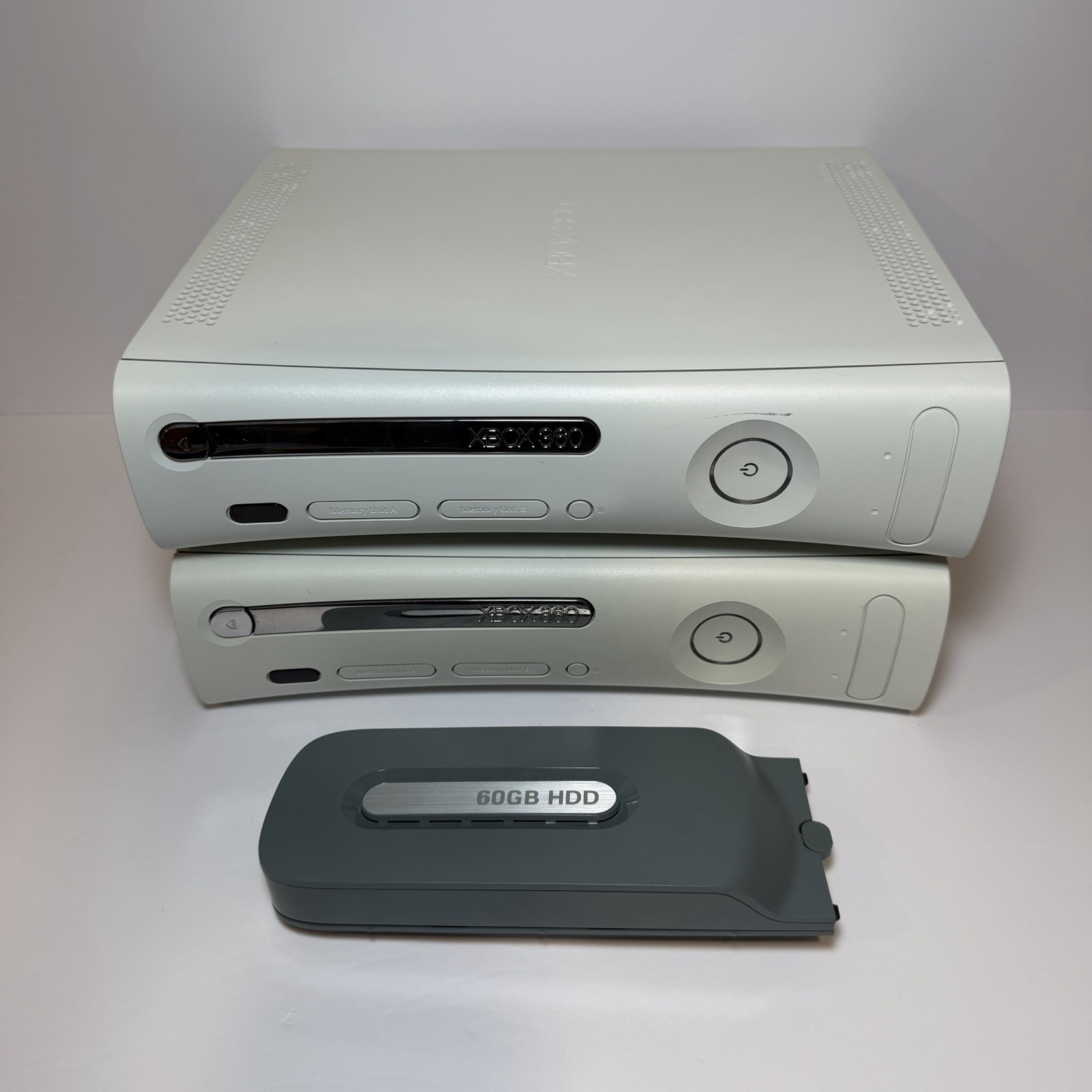 Lot Of 2 Microsoft Xbox 360 Game Consoles For Parts + Harddrive & Cords White