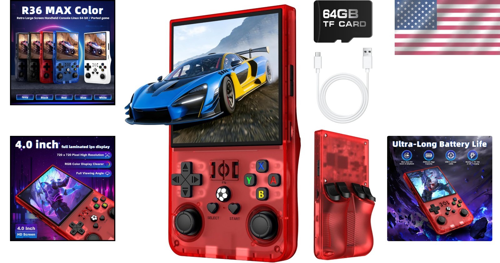 Portable R36MAX Retro Gaming Console with 64GB Memory and 4000mAh Battery