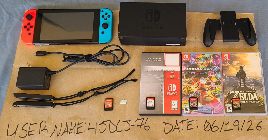 Nintendo Switch Neon Bundle HAC-001 – 64GB SD, 4 Games (Smash, Zelda) + $10 eSho