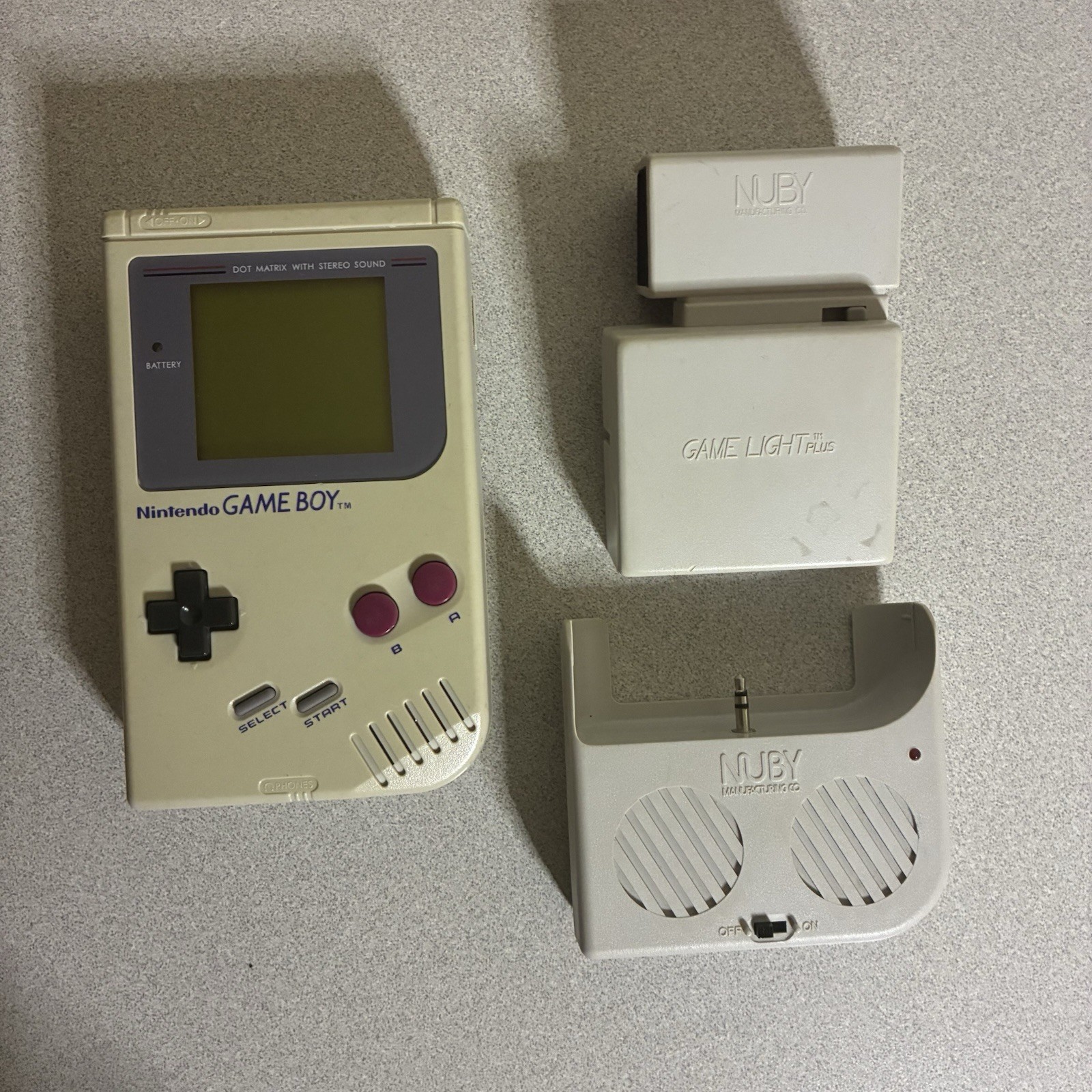 Nintendo Game Boy DMG-01 w/ Nuby Game Light Plus & Speaker Attachments