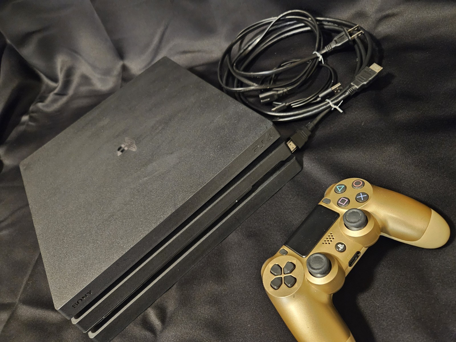 Sony PlayStation 4 Pro Console Black with Gold Controller and Cords