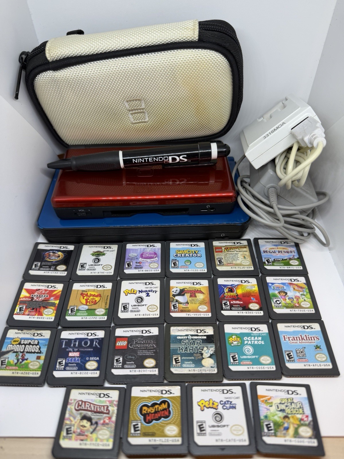 Lot Nintendo DS Lite crimson Black Red & DSi XL Blue With 22 Games Tested Works