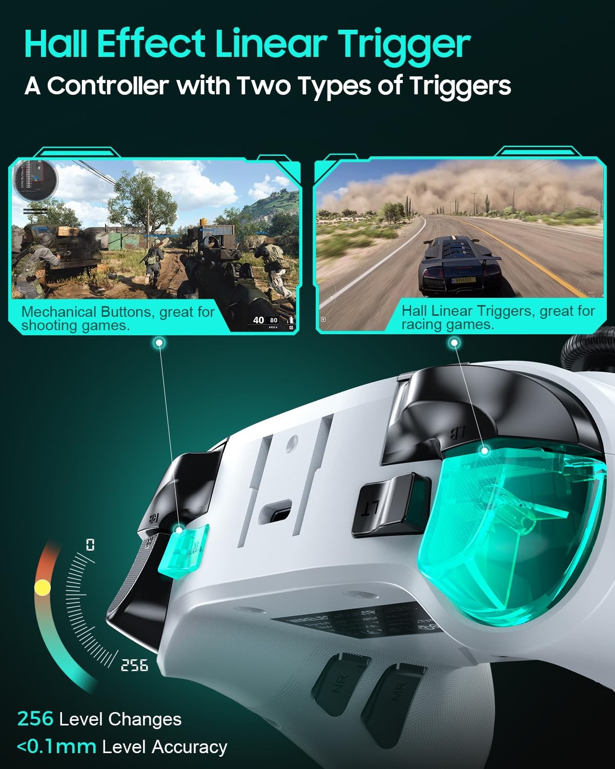 Dual Hall Effect PC Controller-No Drift No Dead Zone, Bluetooth White