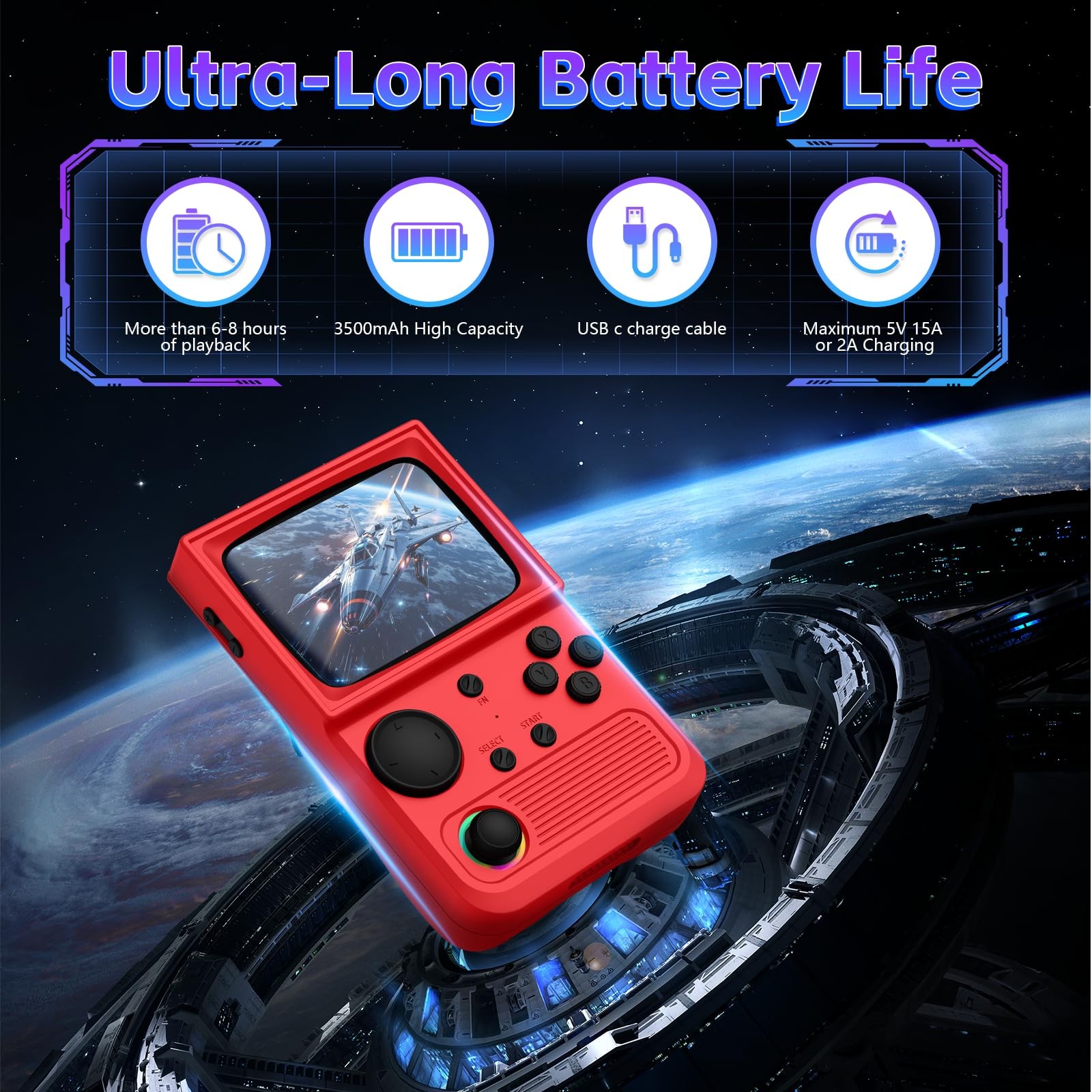 R36T Retro Game Handheld Game Console 3.5in 3500mAh Battery, 64GB TF Card, Red