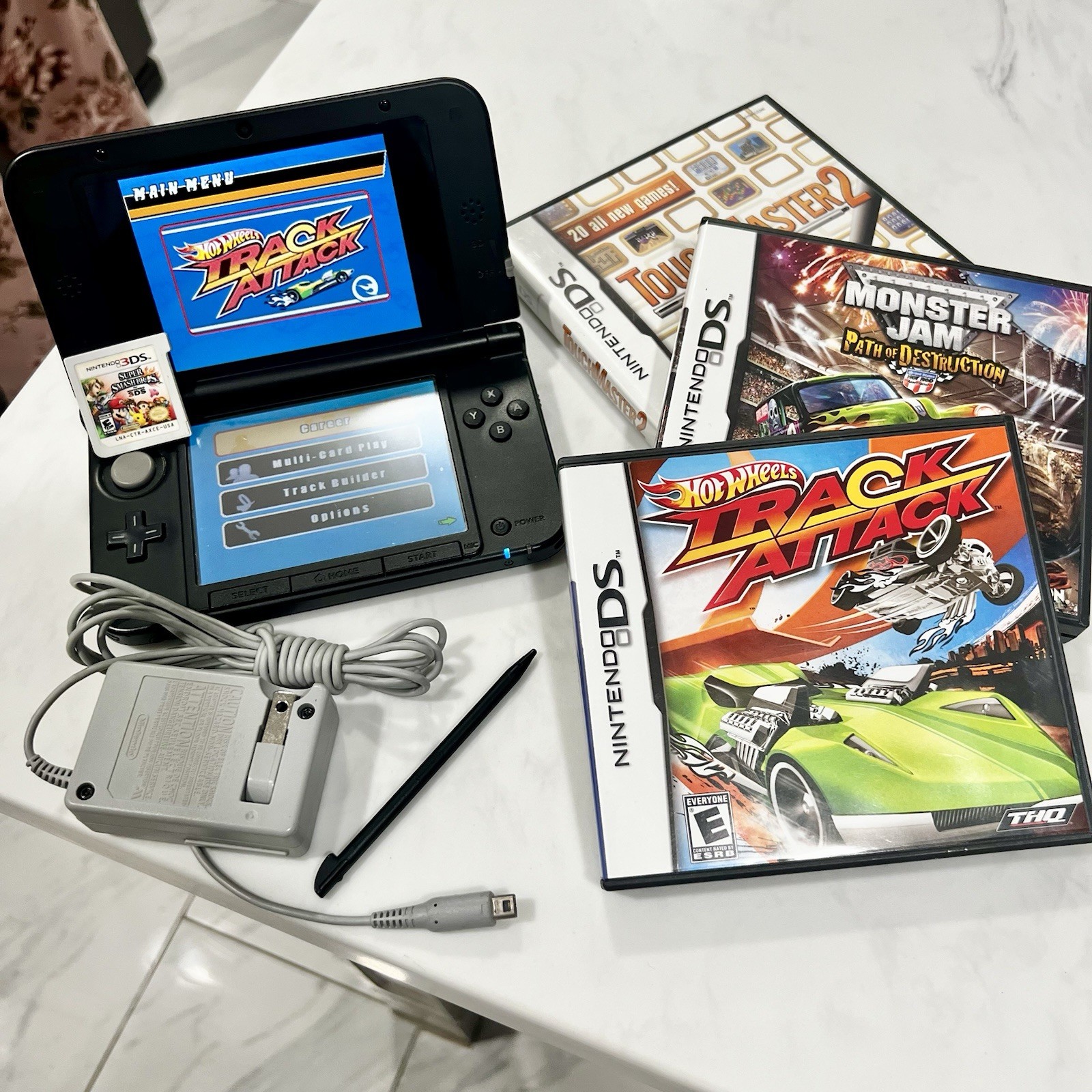 Nintendo 3DS XL Handheld Black Gaming System Tested W/ Cords, 4 Games & Stylus