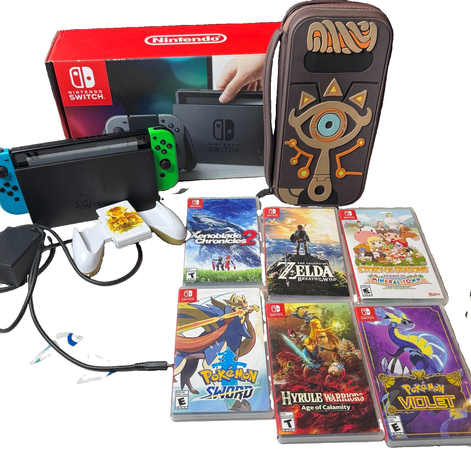 Nintendo Switch Console Bundle Neon Blue Red 6 Games Dock Case Joy-Con Grip Test