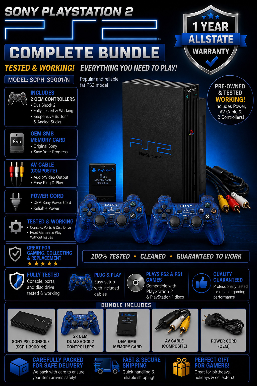 Refurbished PS2 Console Bundle w/ New Laser 2 Controllers Memory Card OEM