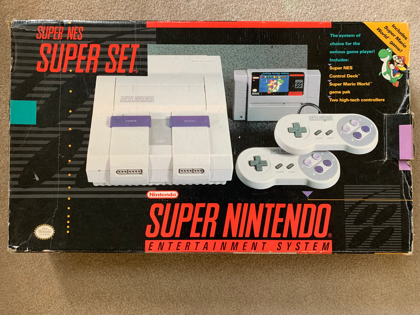 Super Nintendo Entertainment System w/ Mario World. SNES Super Set, Box, Cables