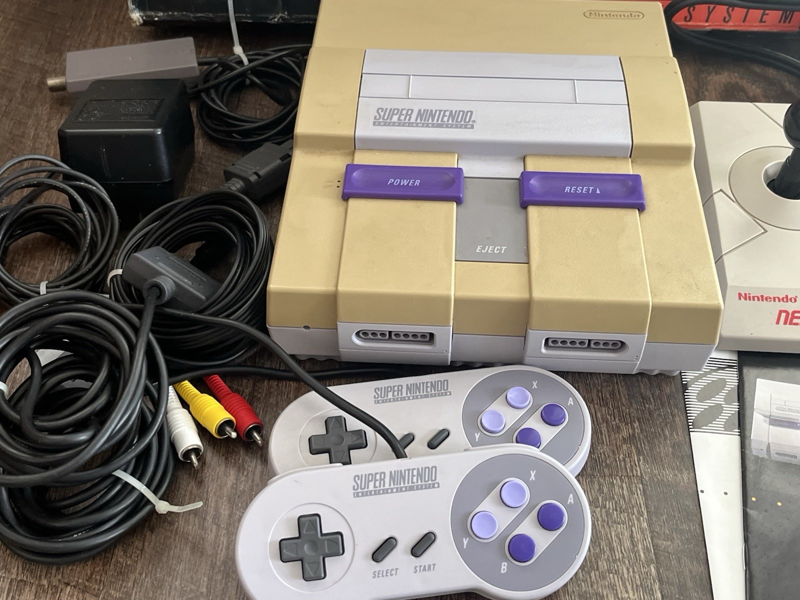 Super Nintendo Home Console, Box, Controllers, Nes Advantage Joystick, Manual