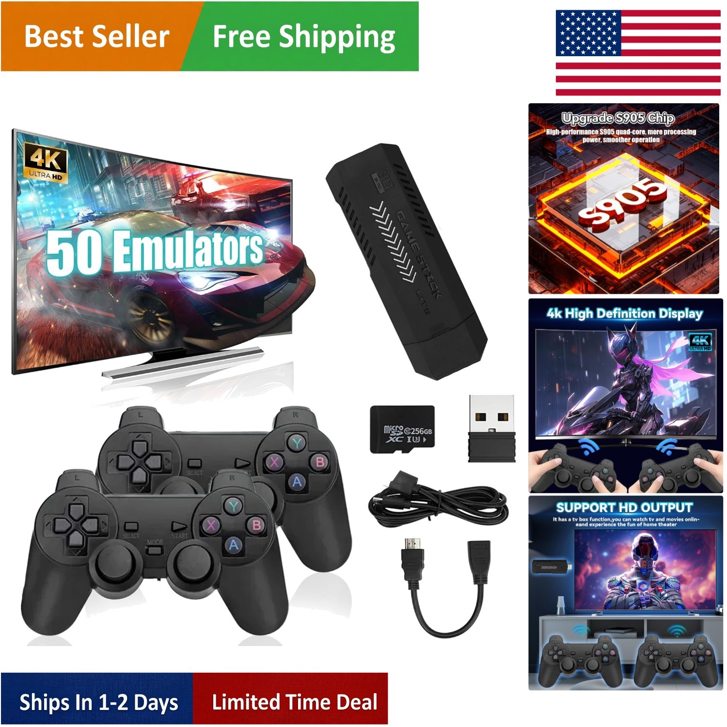 4K HD Retro Gaming Console 256GB with 50+ Emulators & 2 Wireless Controllers