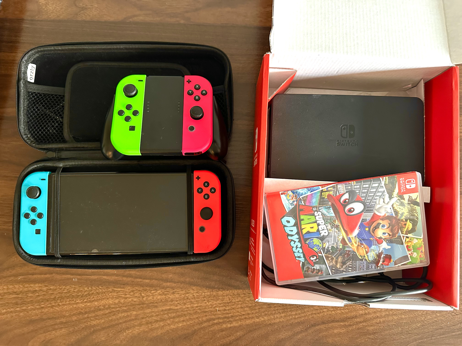 Nintendo Switch OLED – 64GB – Red/Blue with Green/Pink Joycons, Mario Game, Case