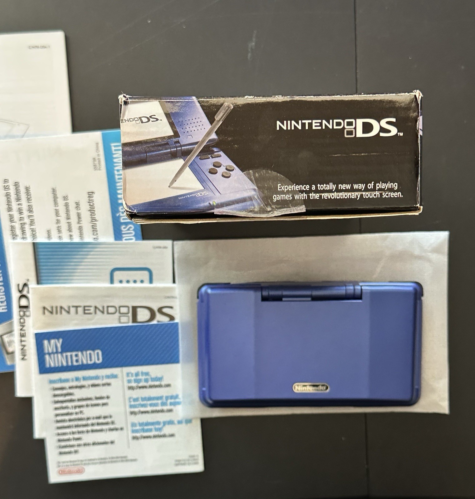 CIB Electric Blue Nintendo DS Handheld Console System Inserts Box Manual Stylus