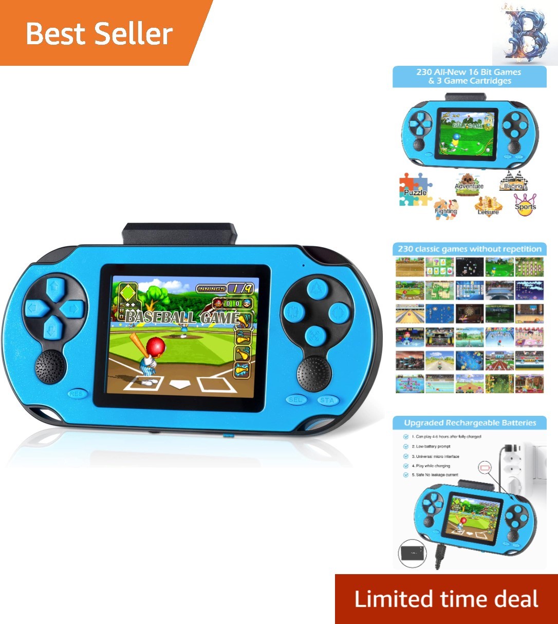 3.0” HD Handheld Game Console – 230 Built-In 16 Bit Retro Games for All Ages