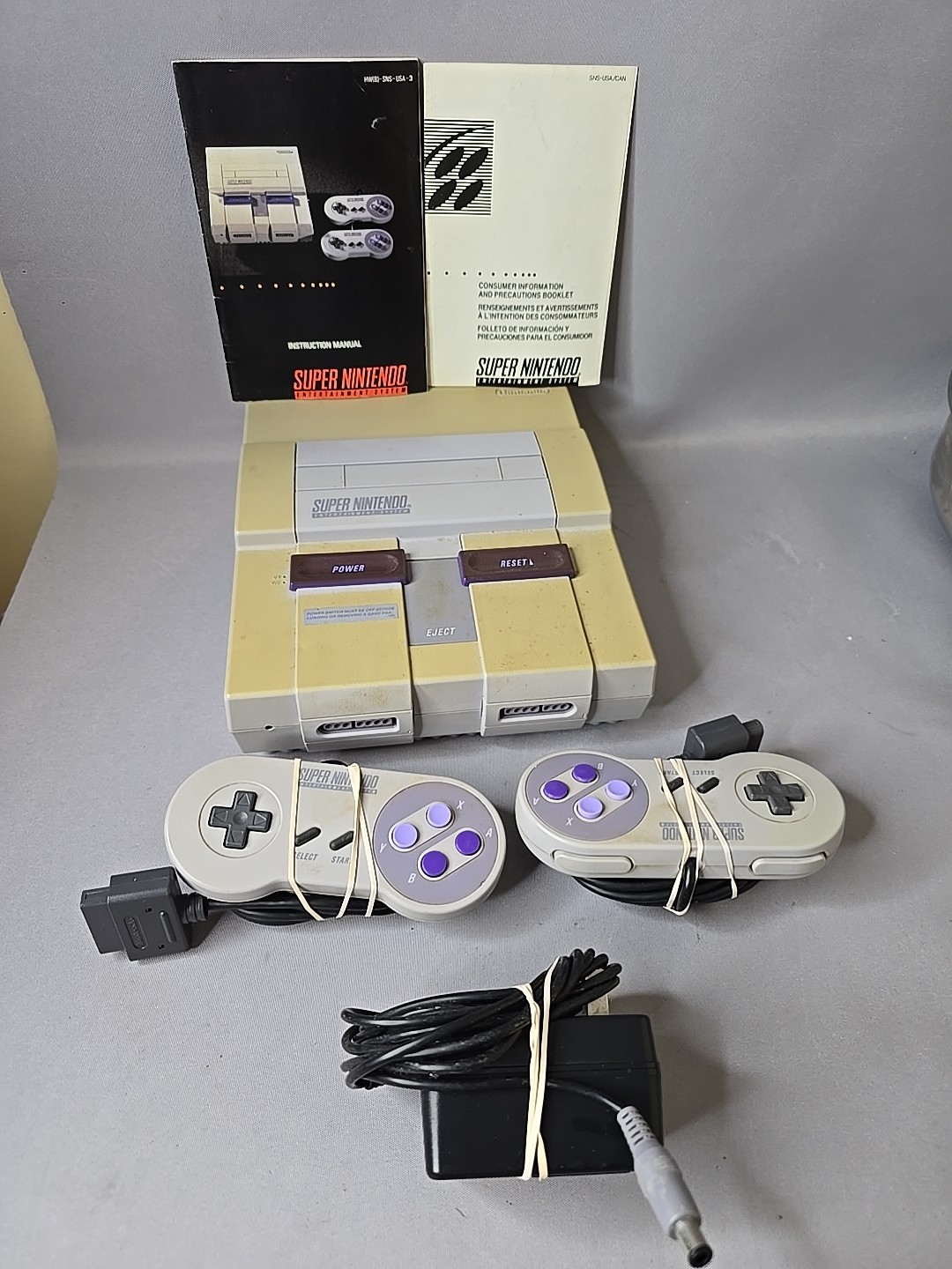 Super Nintendo SNES Console Bundle With Controller Cables & Manuals
