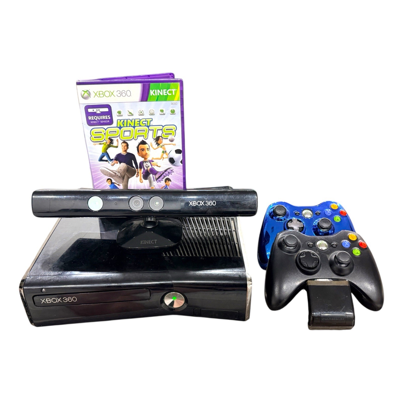 Xbox 360 Slim 4GB Bundle 2 Controllers Kinect Sports Charger – Tested & Working