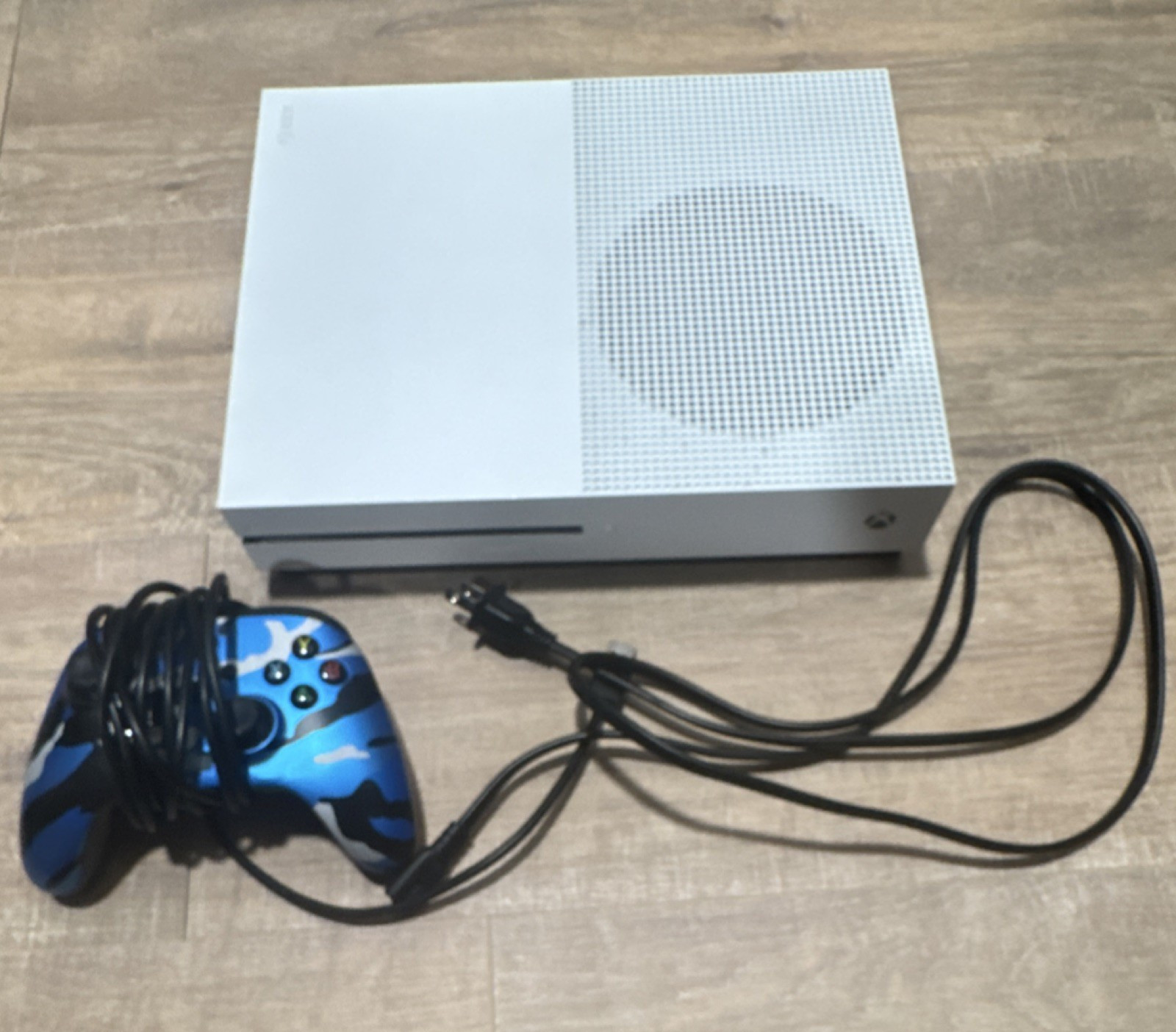 Microsoft Xbox One S White Console with Blue Camouflage Wired Controller & Cable