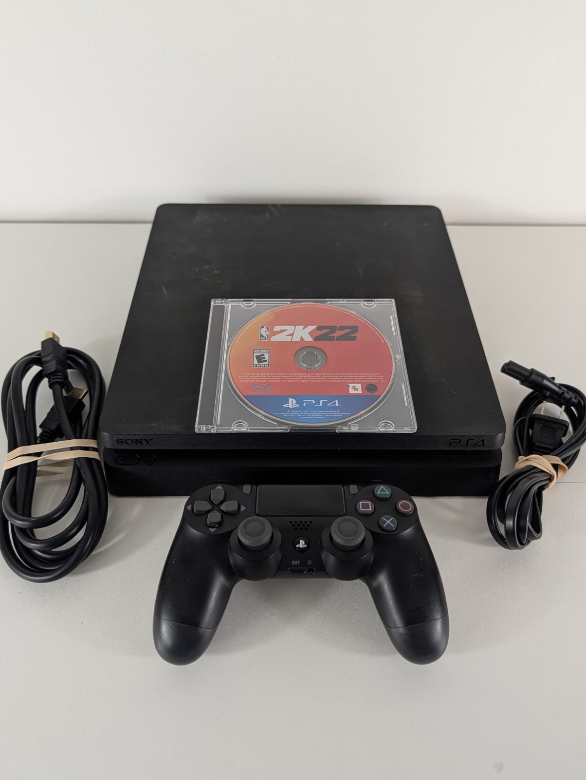 Sony PlayStation 4 Slim 1TB Console – Jet Black – Tested – Controller & Wires