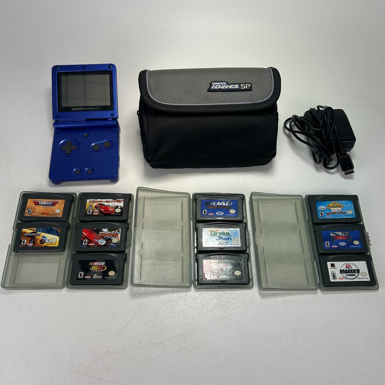 Game Boy Advance SP Bundle Blue GBA Charger Case + 11 Games Tested Works
