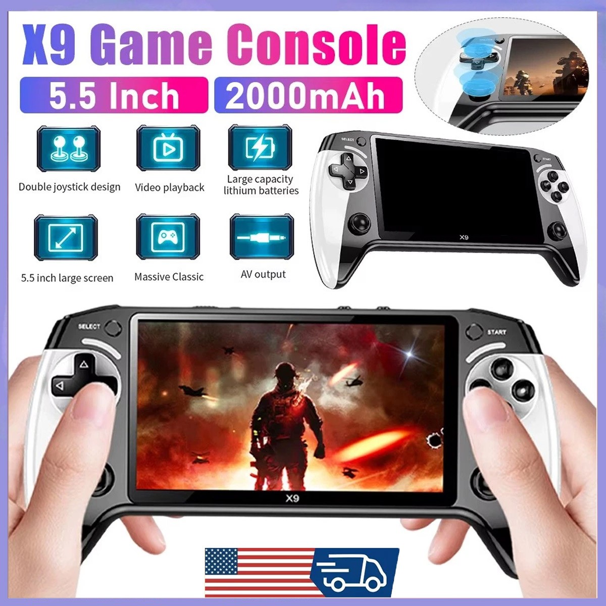 3000 Games X9 Handheld Game Console 5.5 Inch IPS Screen, Video Games USA