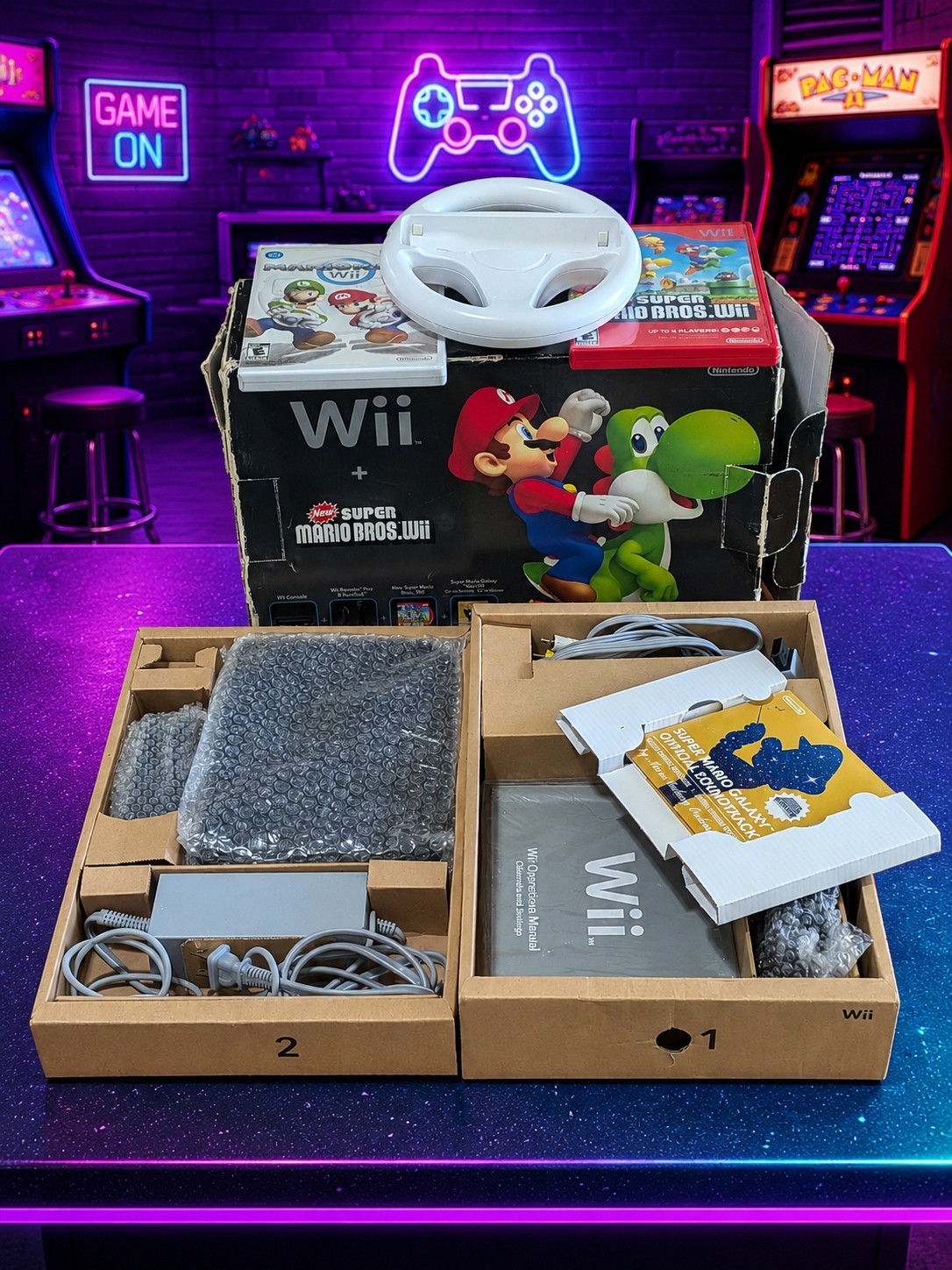 Nintendo Wii Black Console Super Mario Bros Bundle CIB + Mario Kart + Wheel