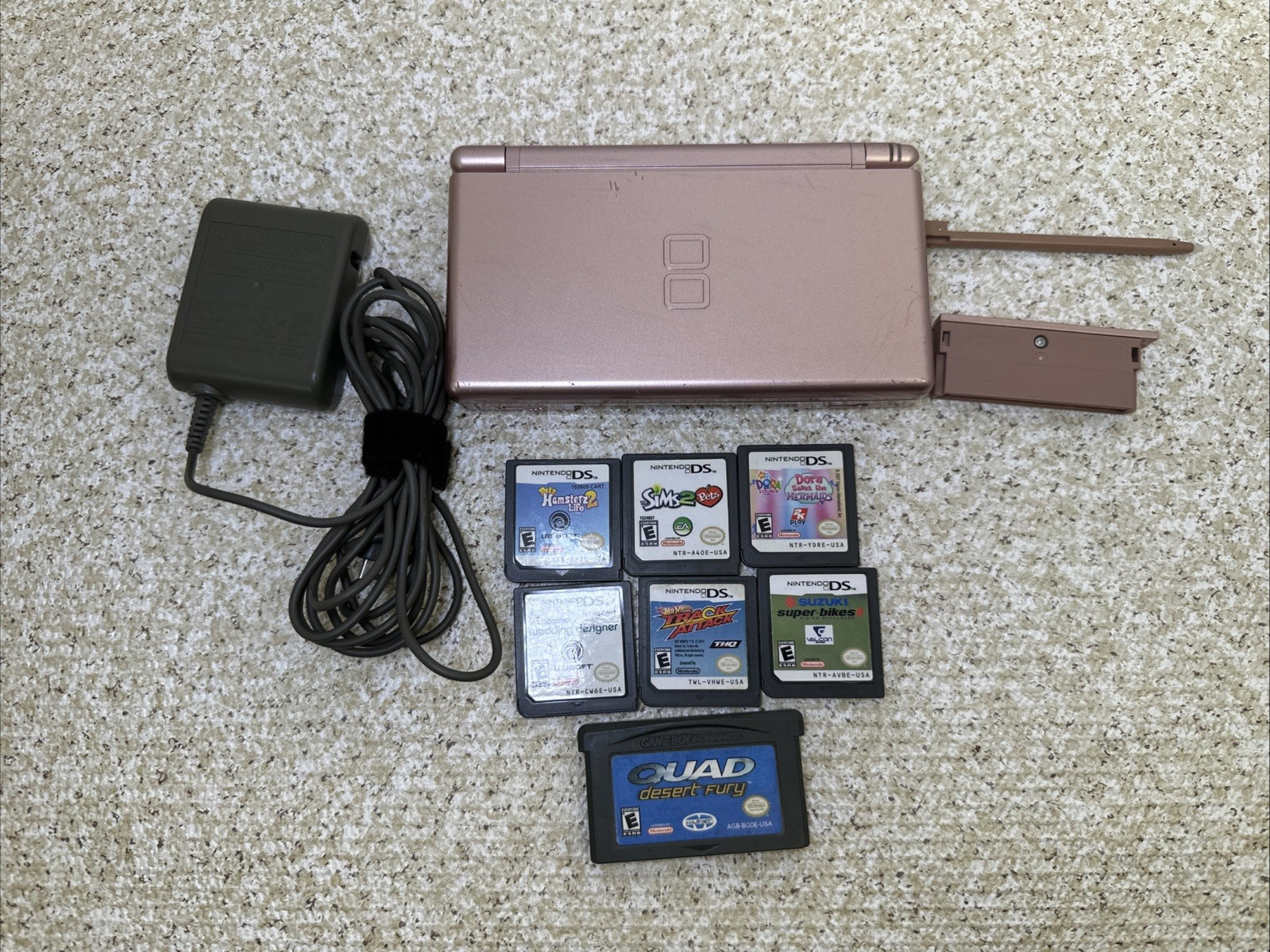 Nintendo DS Lite USG-001 Metallic Rose W/Charger, Stylus & 7 Games Tested/Works